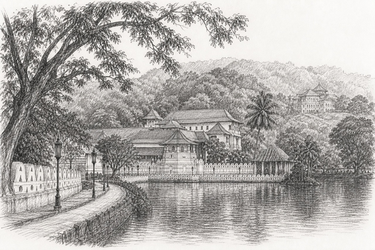 Hand-drawn pencil travel sketch for Kandy, Sri Lanka
