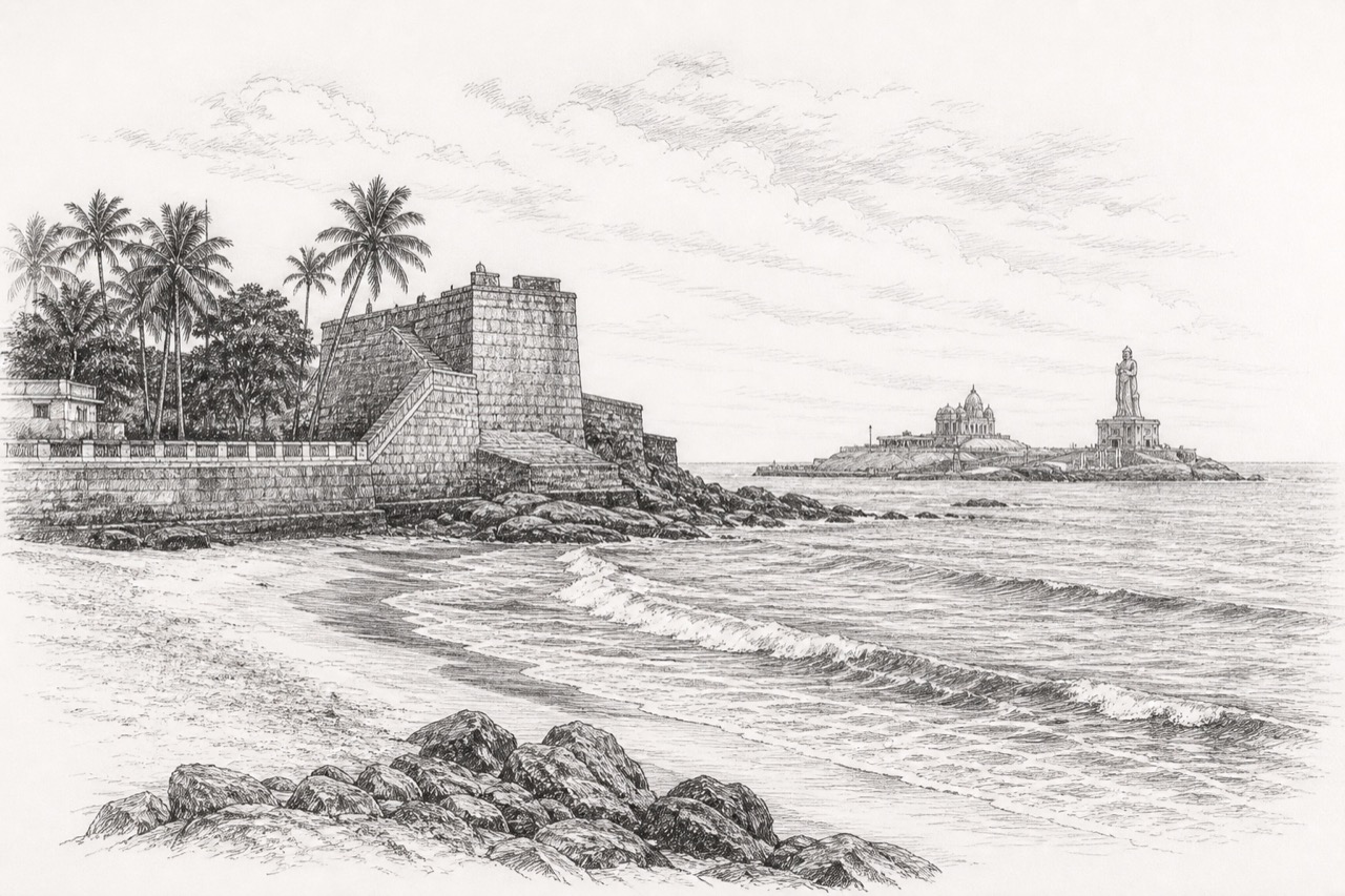 Hand-drawn pencil travel sketch for Kanniyakumari