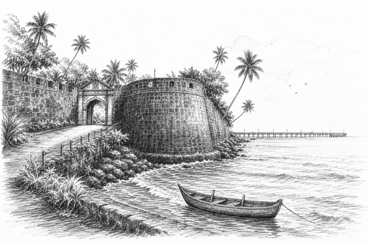 Hand-drawn travel sketch of Kannur and Thalassery