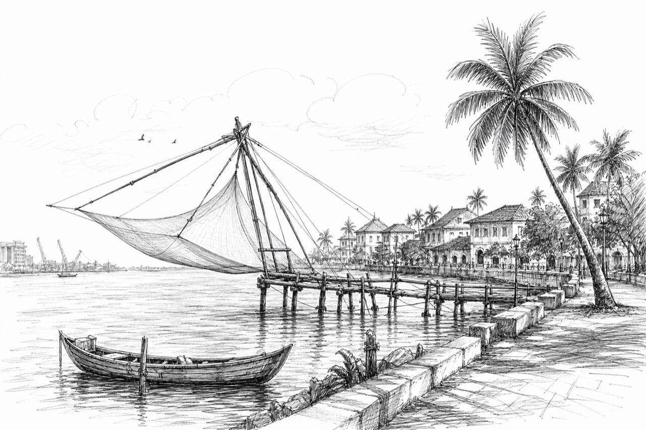 Hand-drawn travel sketch of Kochi