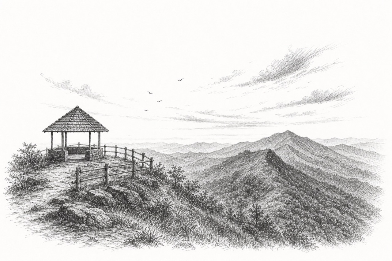 Hand-drawn pencil travel sketch for Kodachadri, India