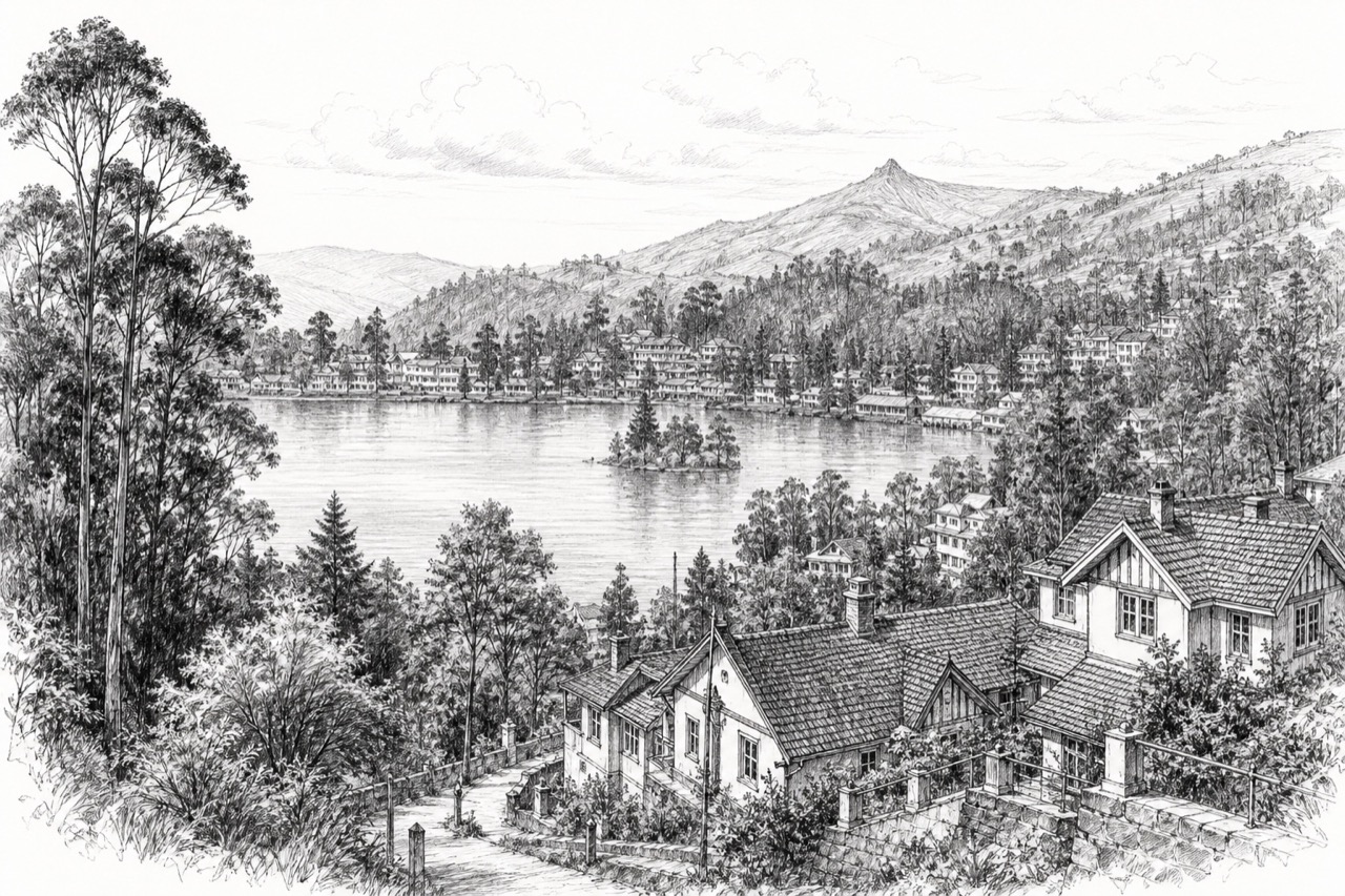 Hand-drawn pencil travel sketch for Kodaikanal