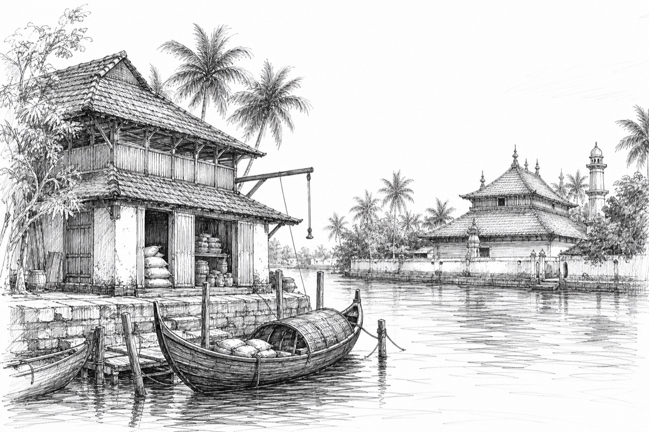 Hand-drawn travel sketch of Kodungallur and Muziris