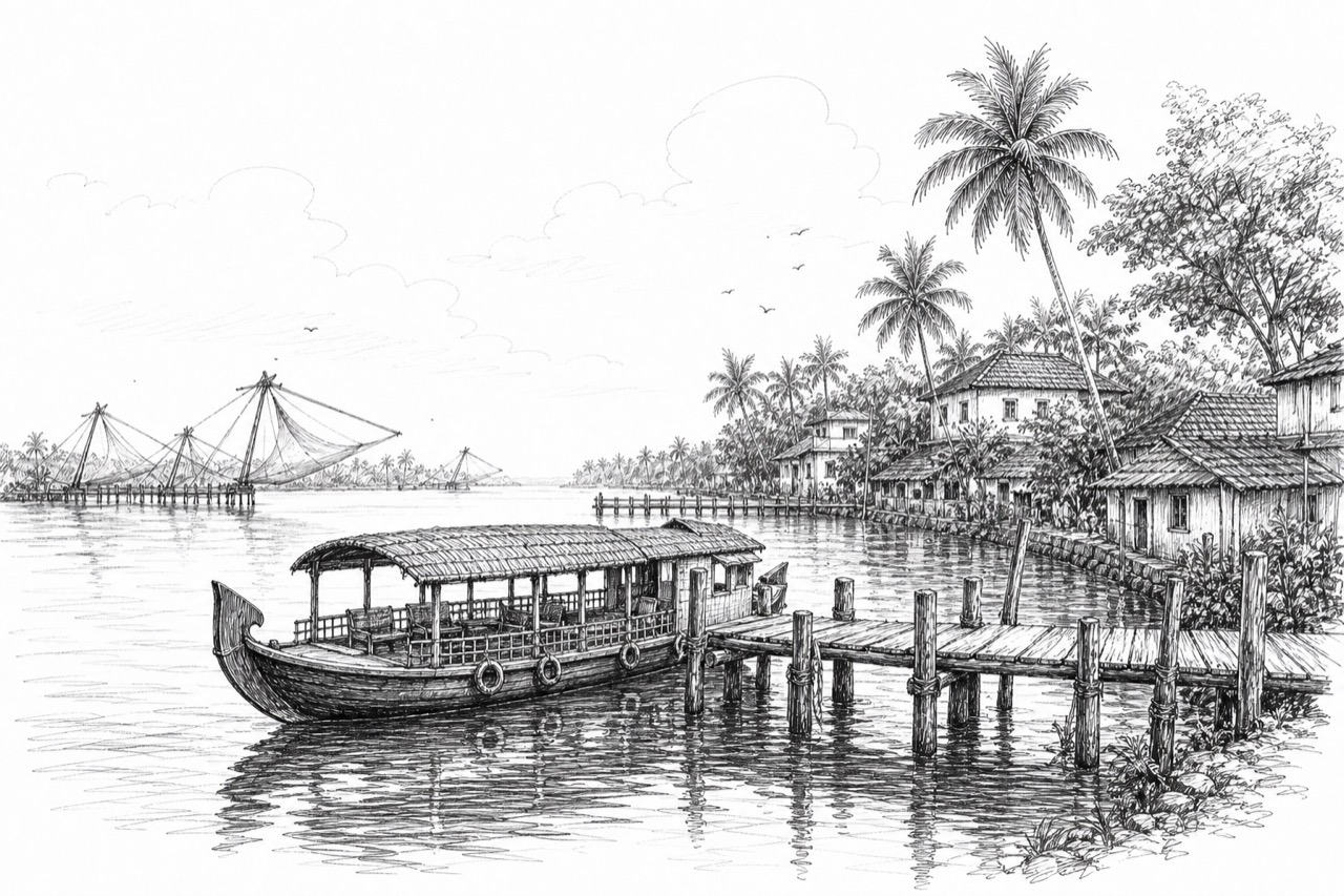 Hand-drawn travel sketch of Kollam