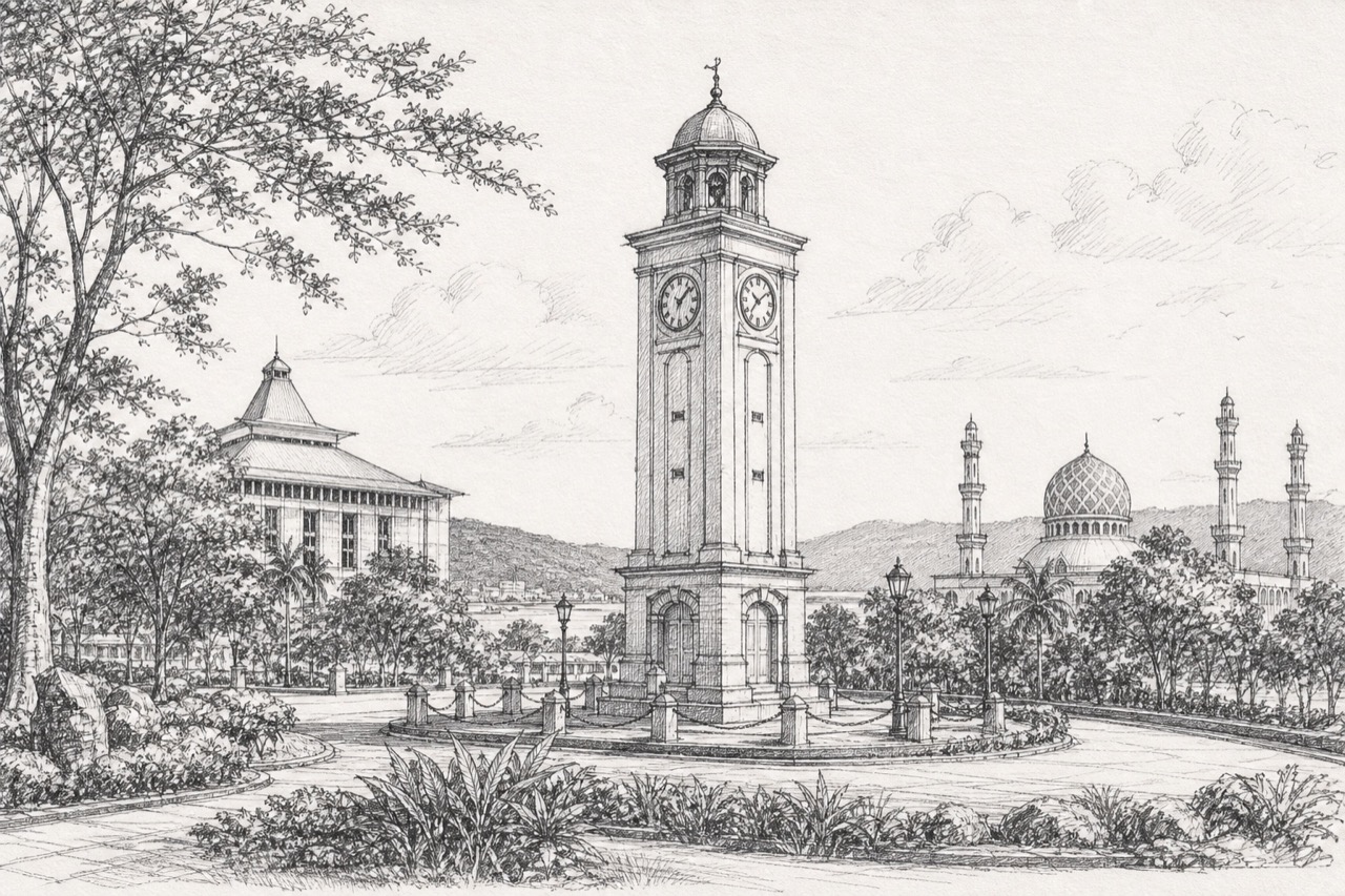 Hand-drawn pencil travel sketch for Kota Kinabalu, Malaysia