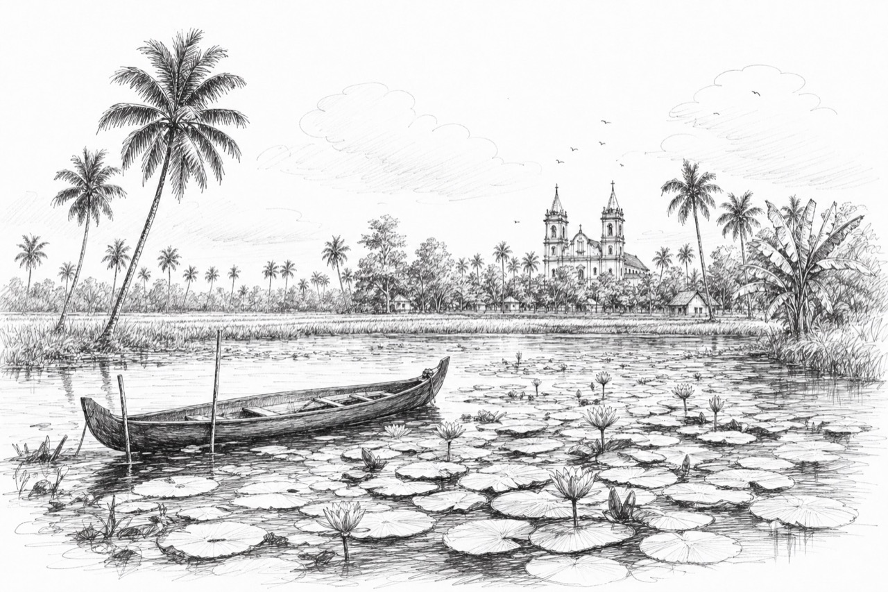 Hand-drawn travel sketch of Kottayam and Malarikkal