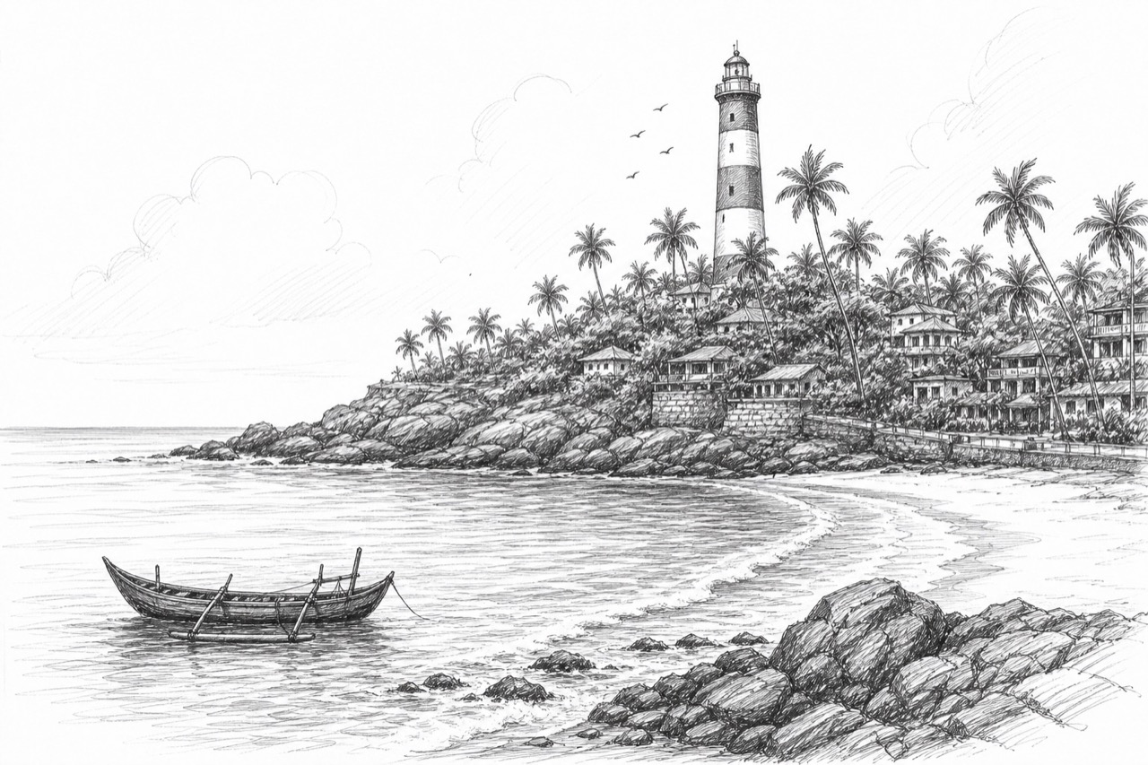 Hand-drawn travel sketch of Kovalam