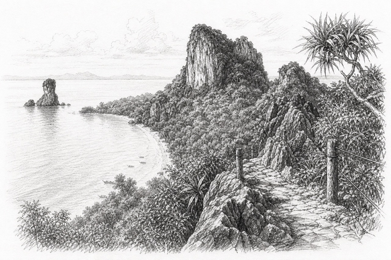 Hand-drawn pencil travel sketch for Krabi & Railay, Thailand