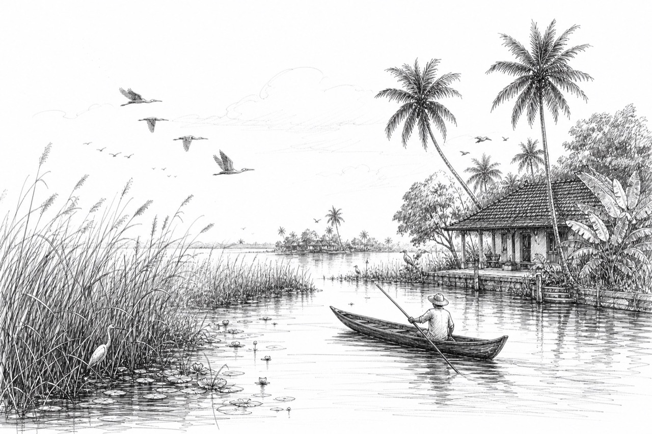 Hand-drawn travel sketch of Kumarakom