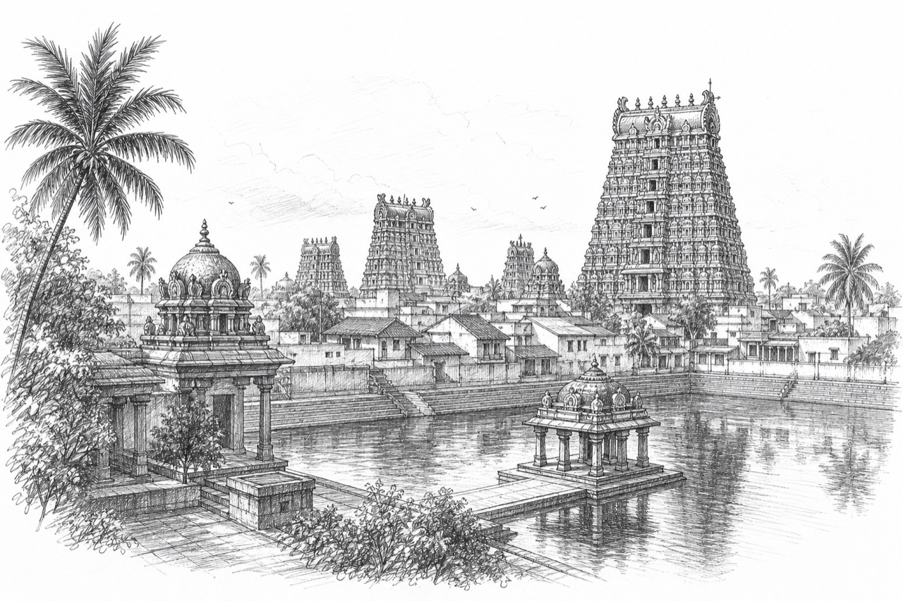Hand-drawn pencil travel sketch for Kumbakonam