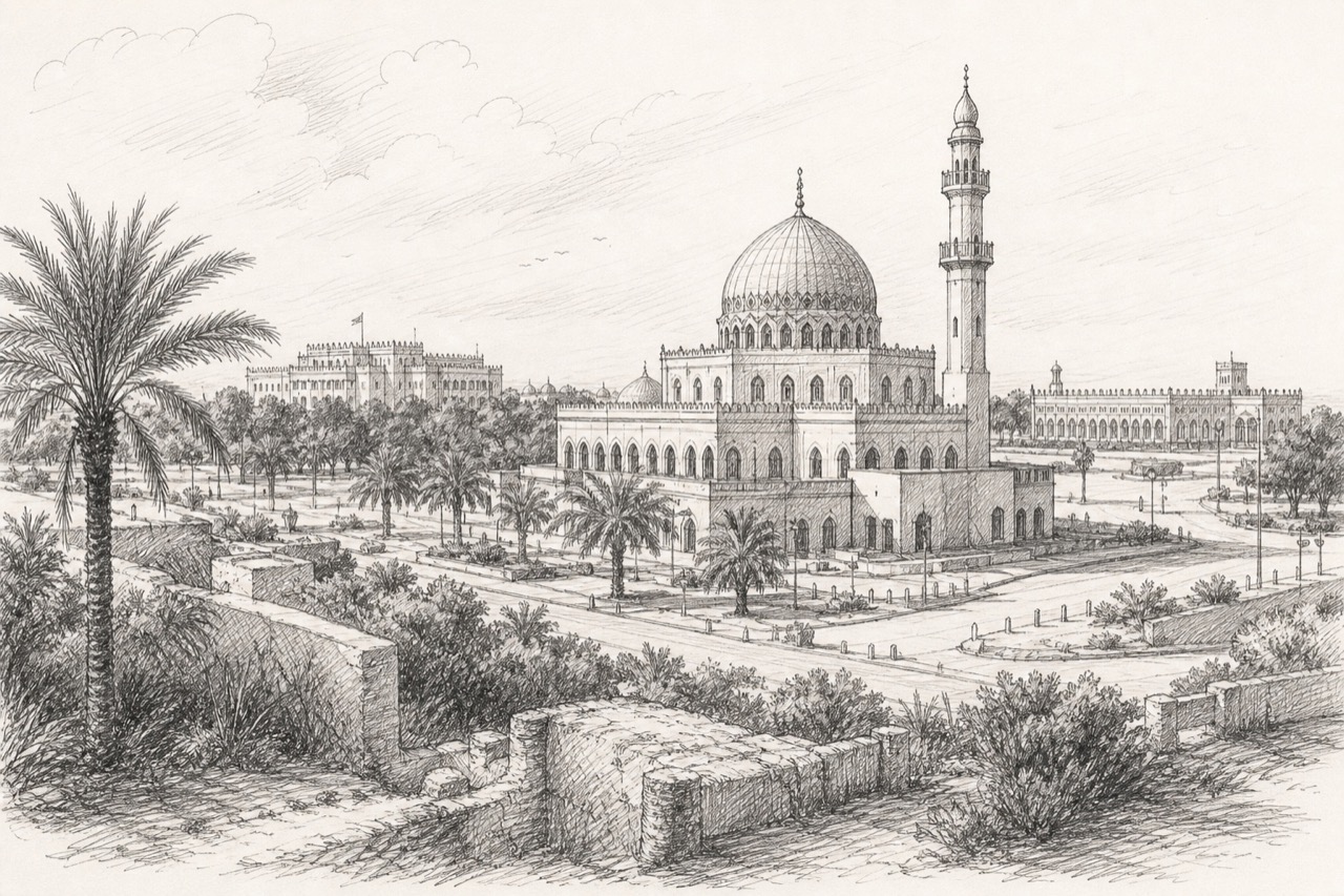 Hand-drawn pencil travel sketch for Kuwait City, Kuwait