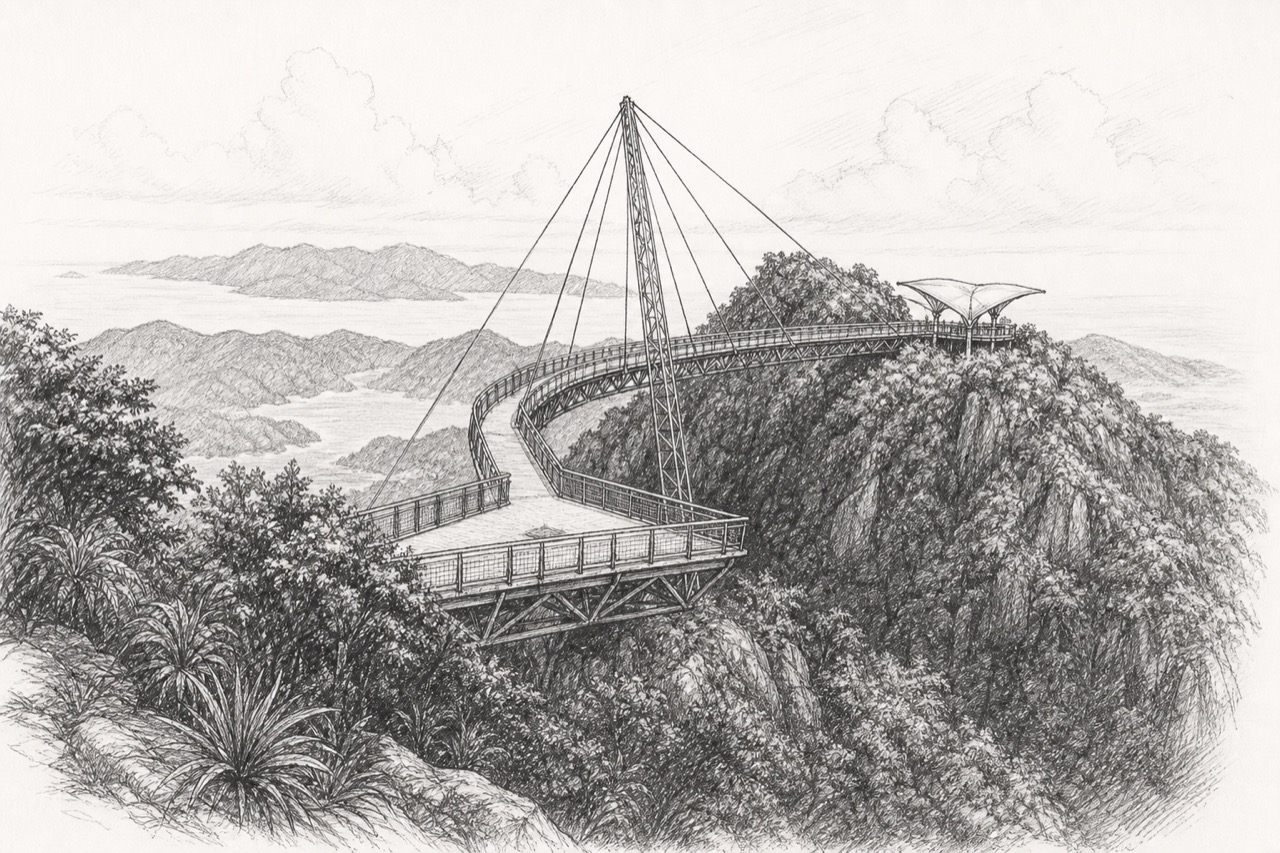 Hand-drawn pencil travel sketch for Langkawi, Malaysia