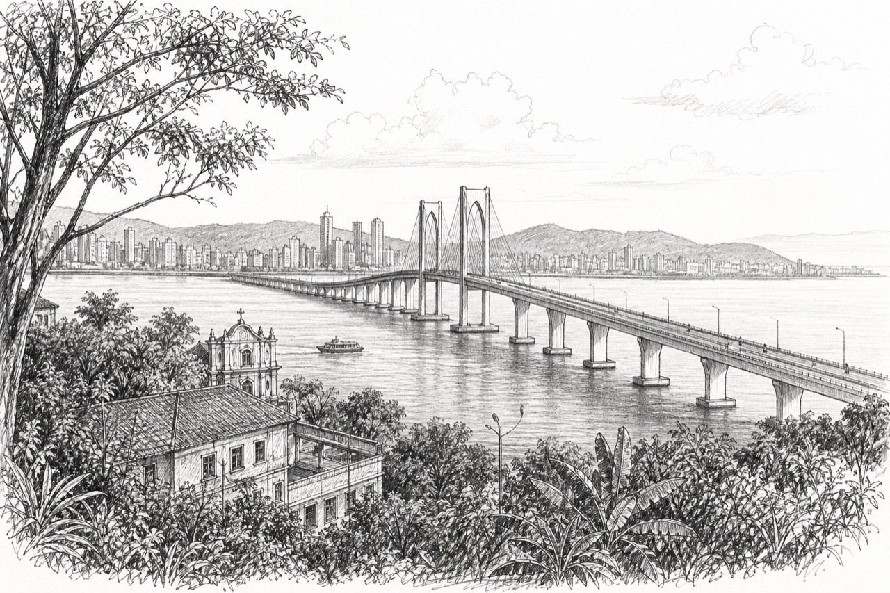 Hand-drawn pencil travel sketch for Macao, China