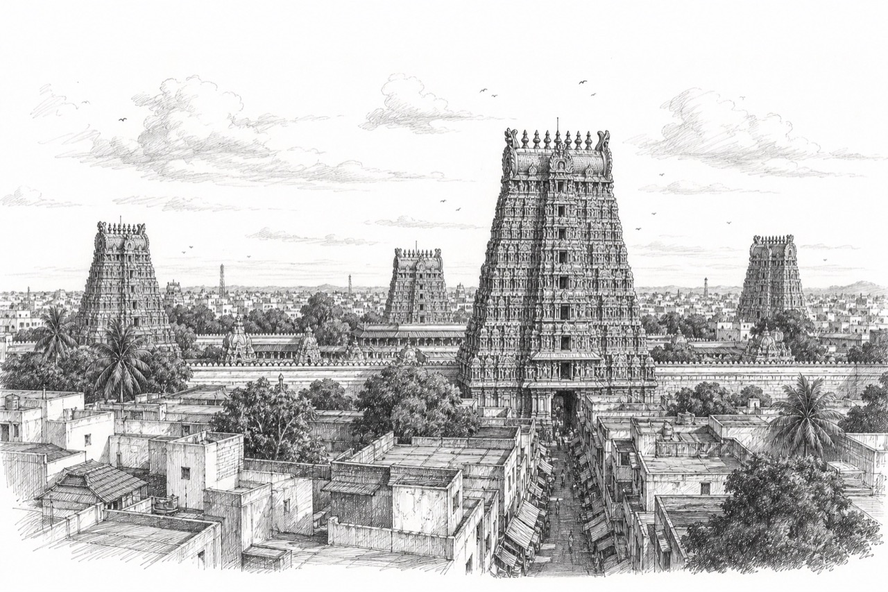 Hand-drawn pencil travel sketch for Madurai