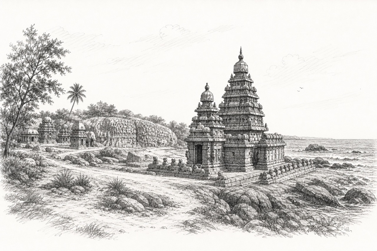 Hand-drawn pencil travel sketch for Mahabalipuram