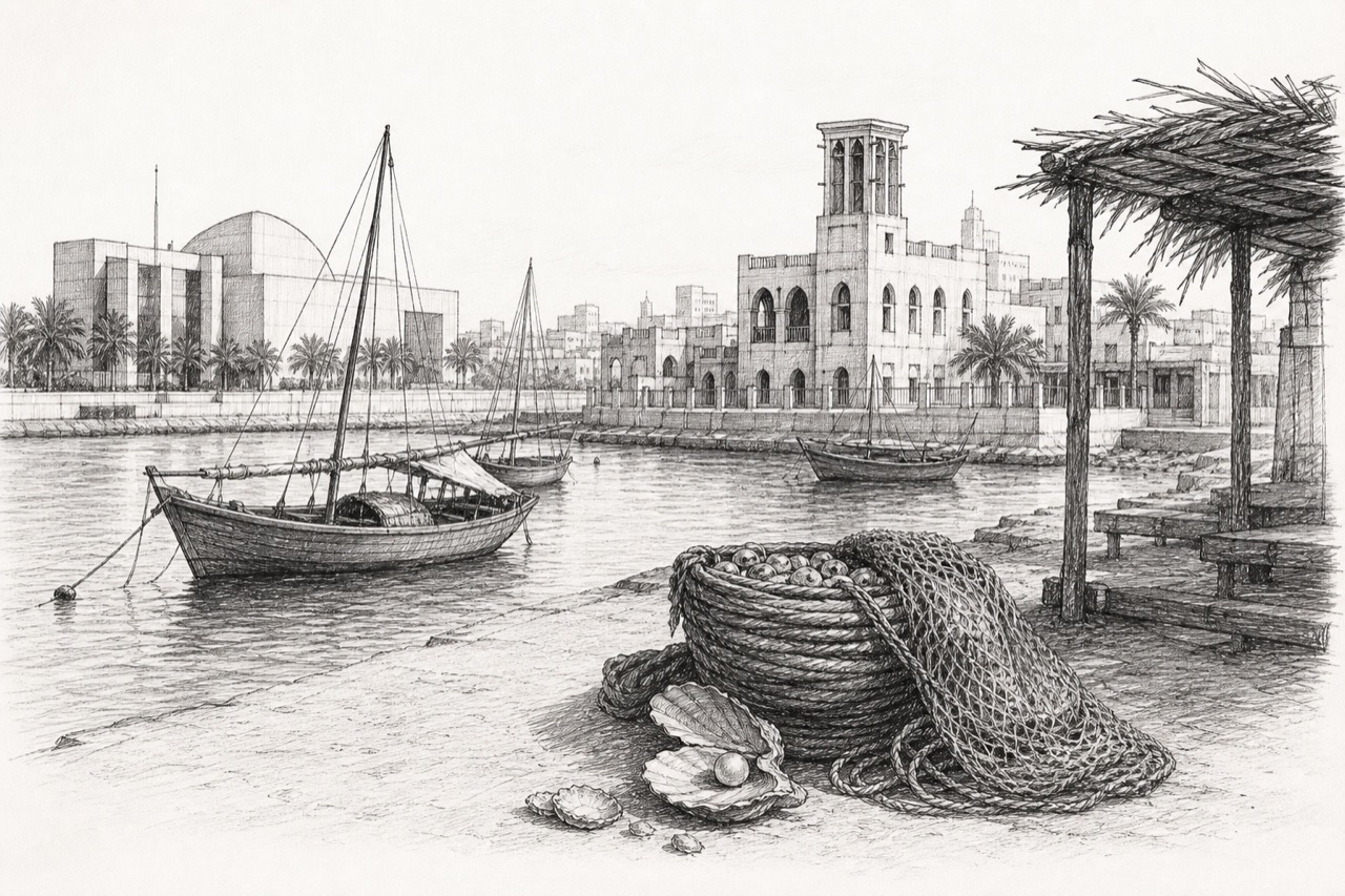 Hand-drawn pencil travel sketch for Manama, Bahrain