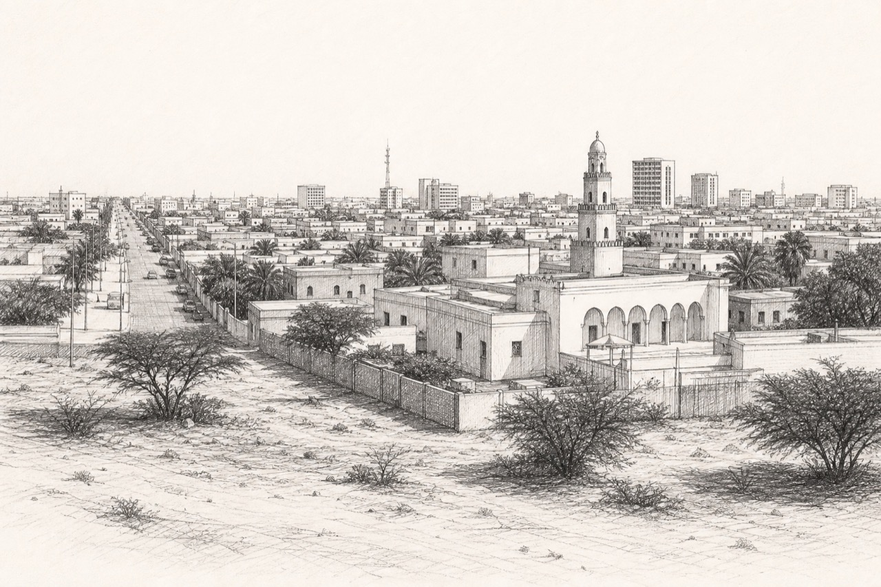 Hand-drawn pencil travel sketch for Nouakchott, Mauritania