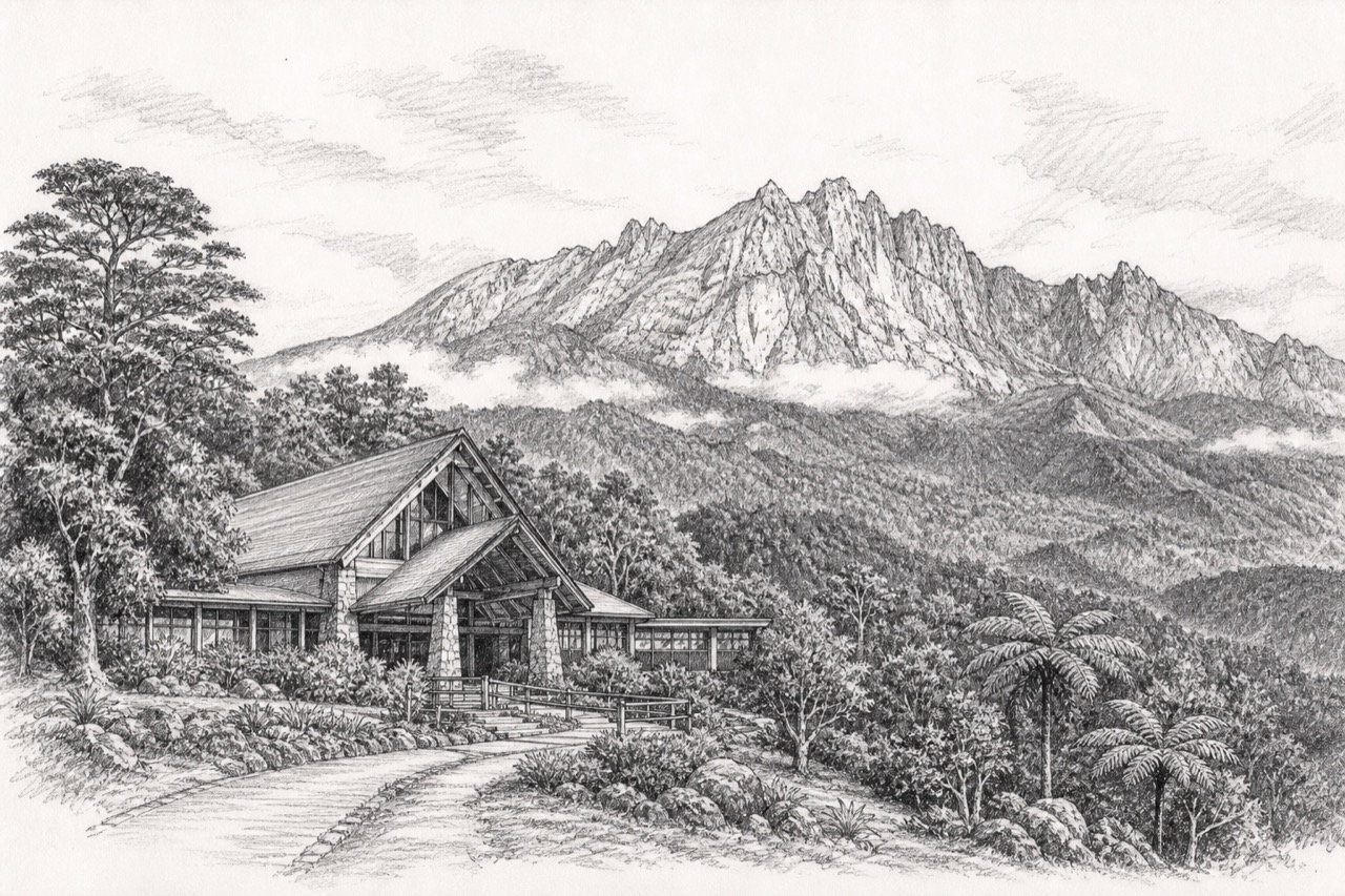 Hand-drawn pencil travel sketch for Mount Kinabalu, Malaysia