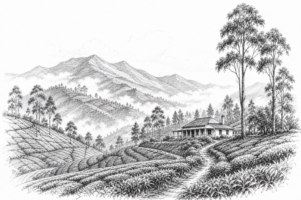 Hand-drawn travel sketch of Munnar