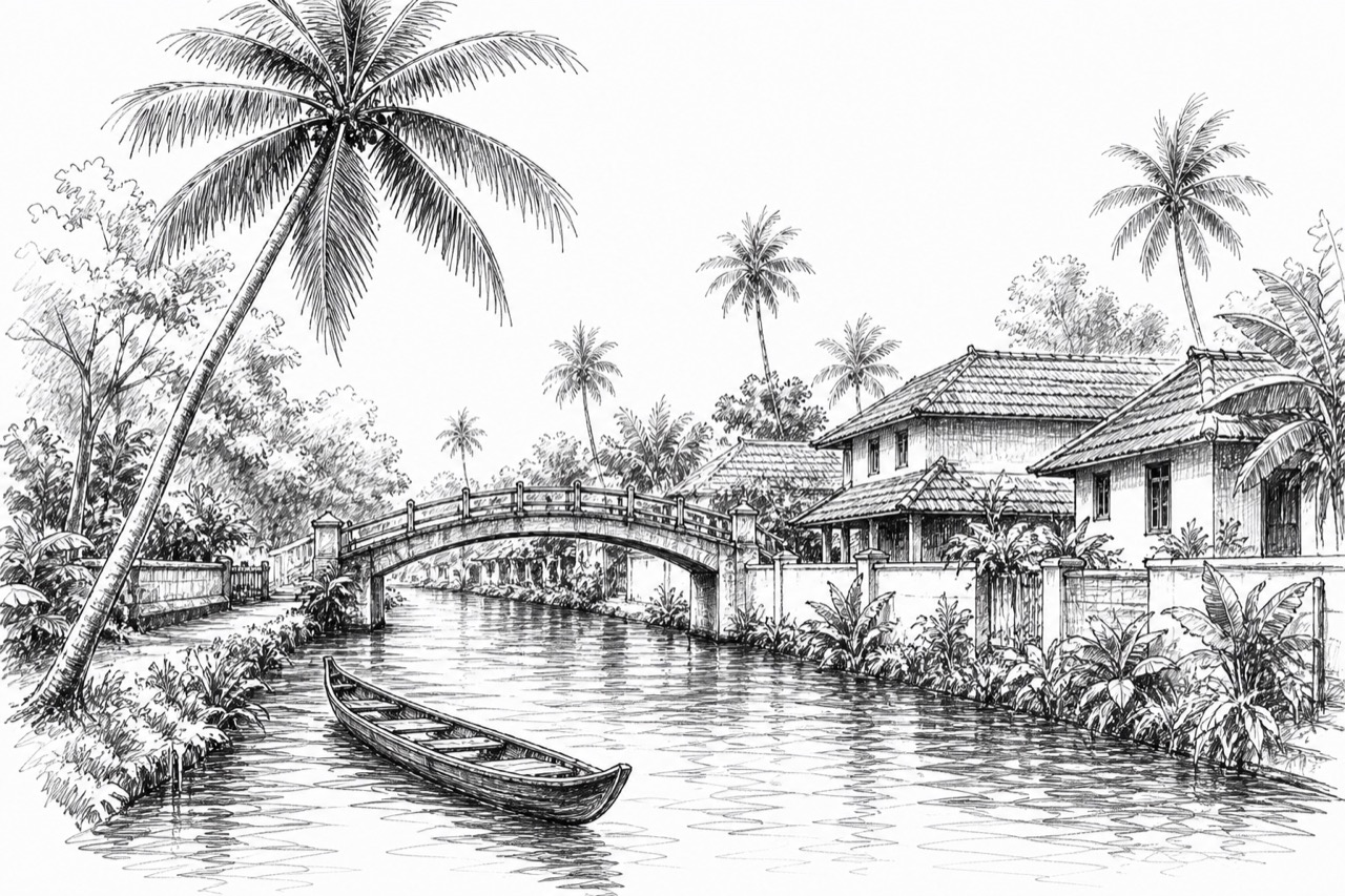 Hand-drawn travel sketch of Munroe Island