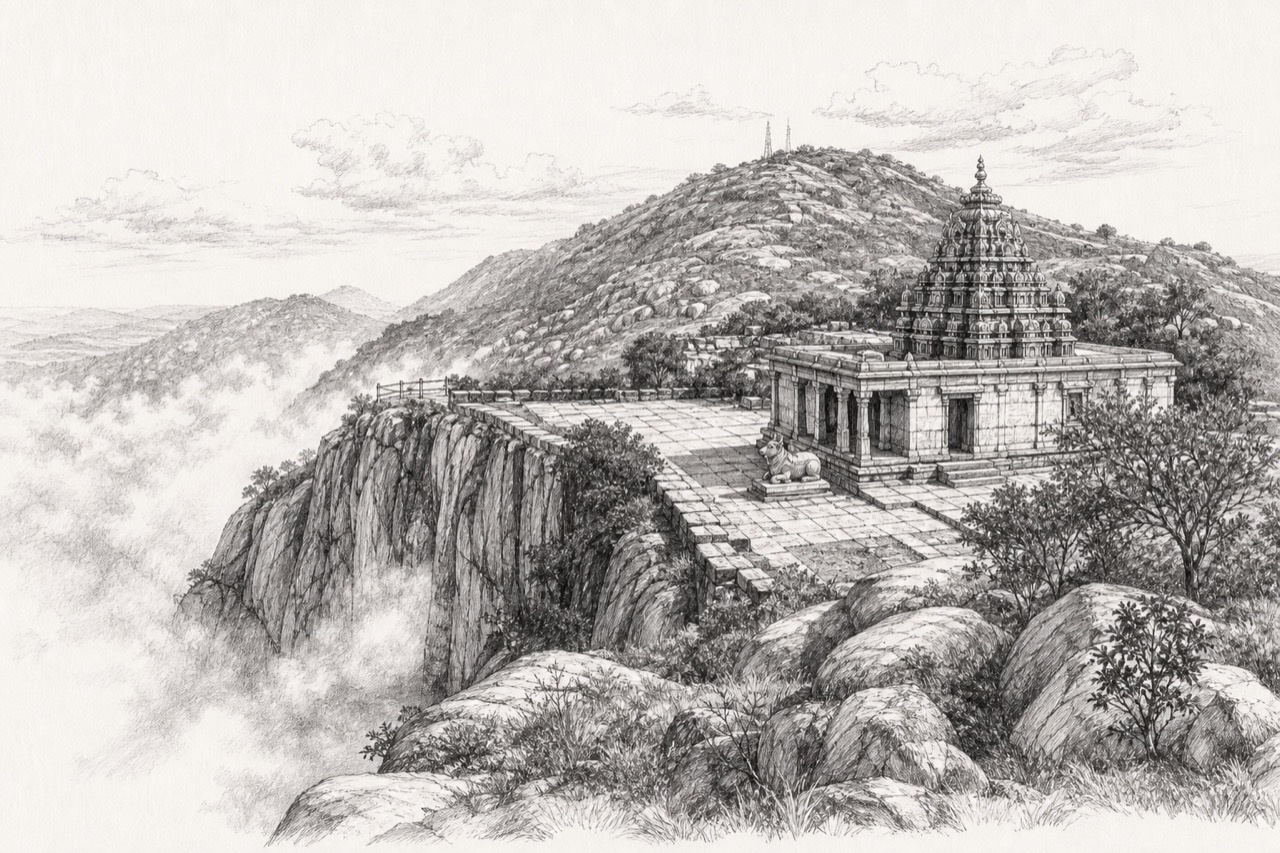 Hand-drawn pencil travel sketch for Nandi Hills
