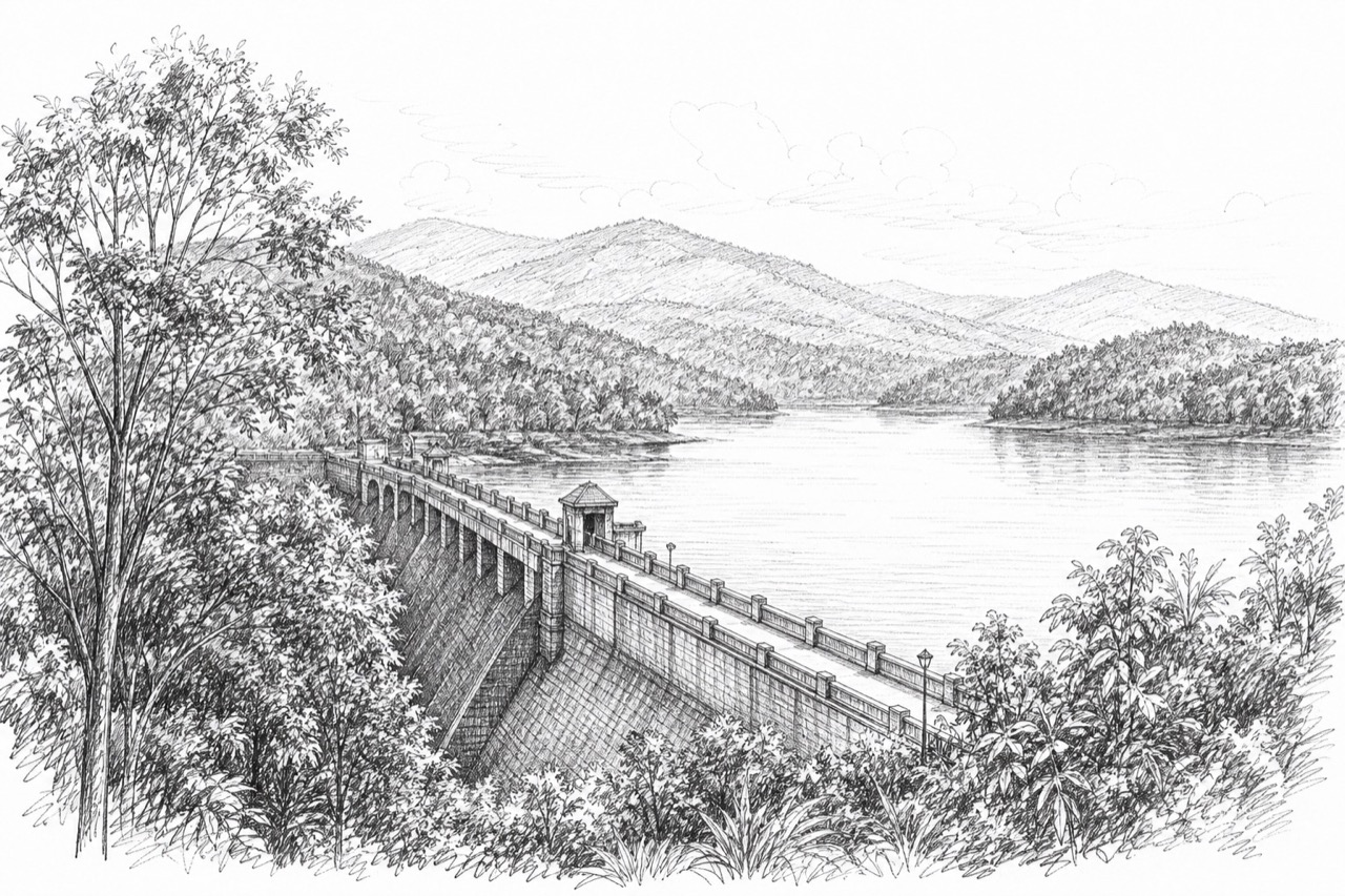 Hand-drawn travel sketch of Neyyar Dam