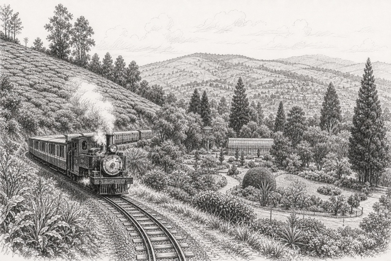 Hand-drawn pencil travel sketch for Ooty
