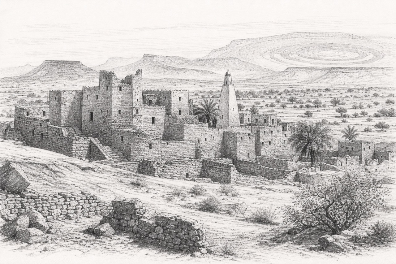 Hand-drawn pencil travel sketch for Ouadane, Mauritania