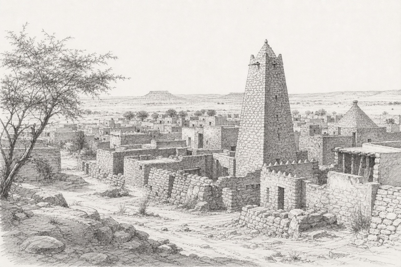 Hand-drawn pencil travel sketch for Oualata, Mauritania