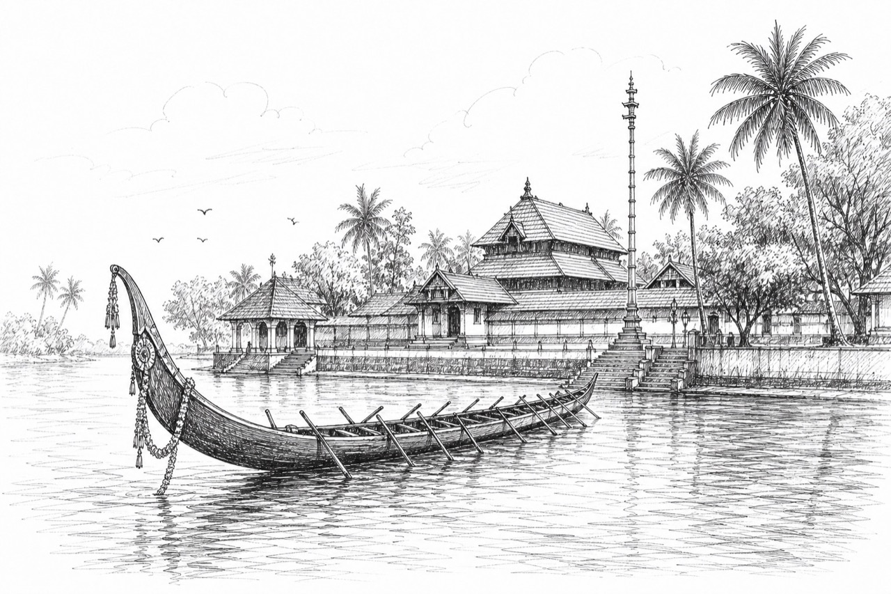 Hand-drawn travel sketch of Pathanamthitta and Aranmula