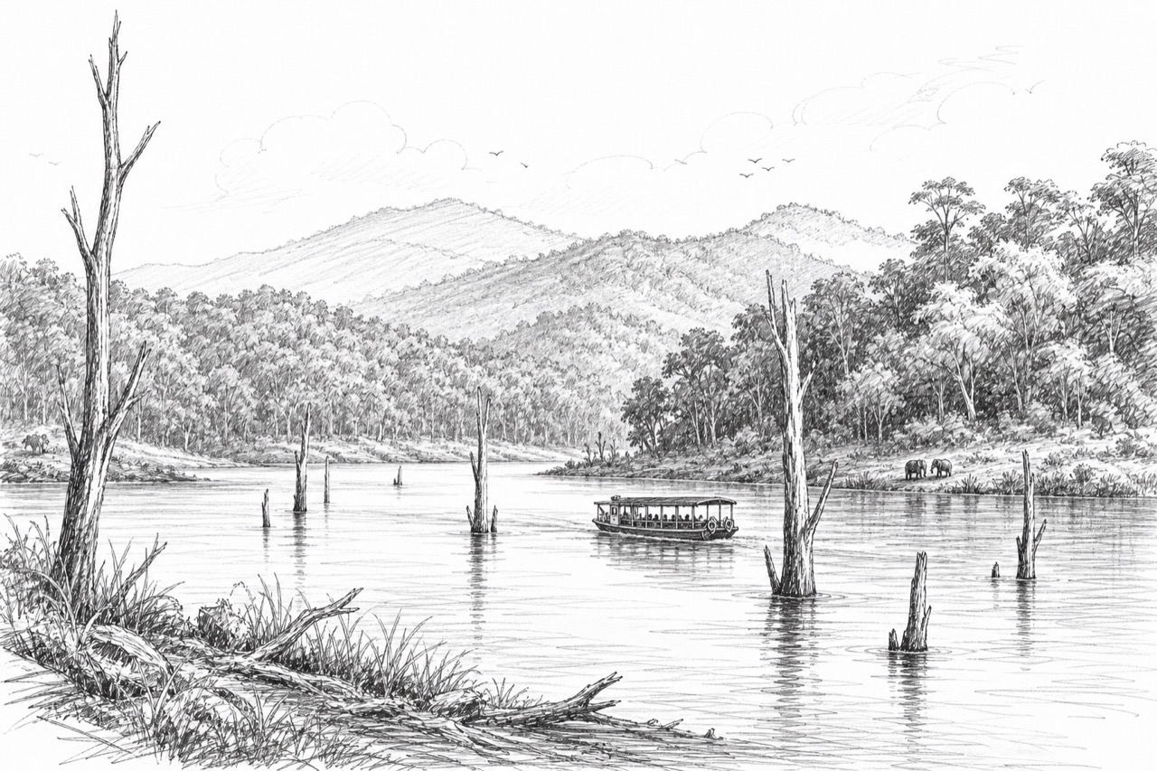 Hand-drawn travel sketch of Periyar and Thekkady
