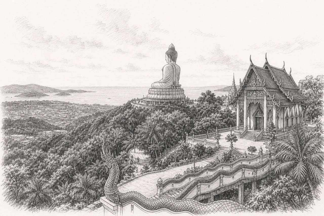 Hand-drawn pencil travel sketch for Phuket, Thailand