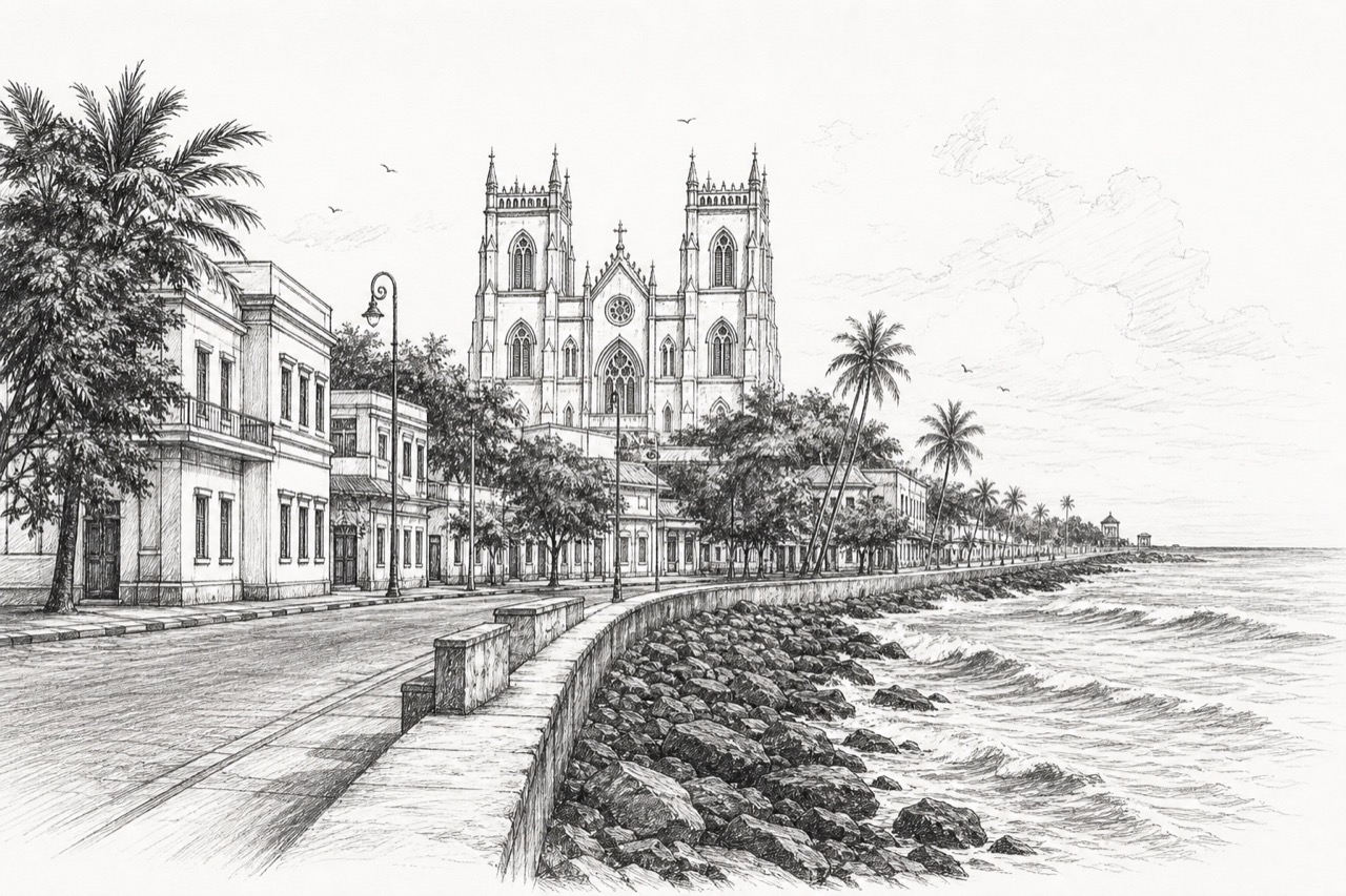 Hand-drawn pencil travel sketch for Puducherry City