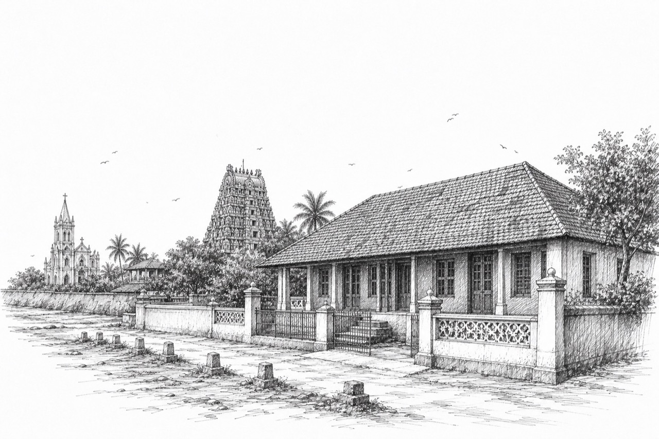 Hand-drawn pencil travel sketch for Rameswaram and Dhanushkodi, India