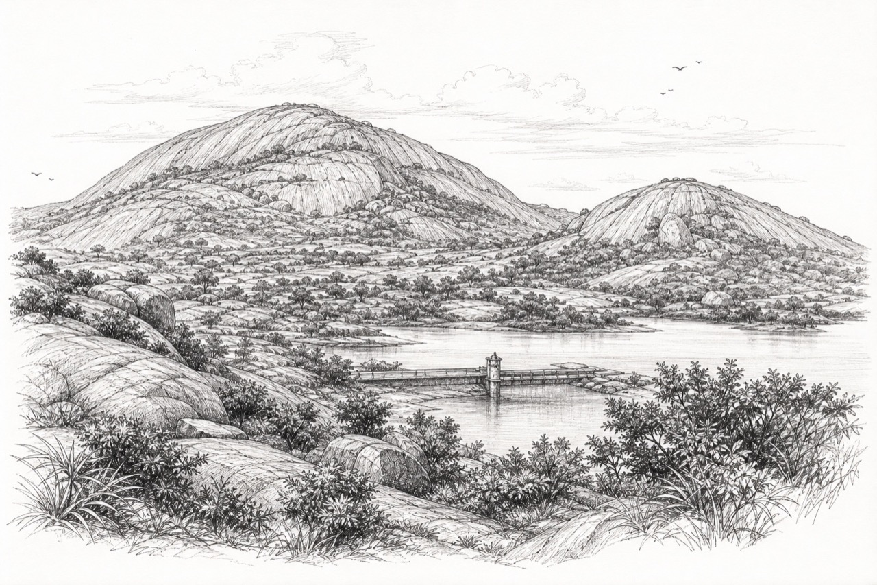 Hand-drawn pencil travel sketch for Savandurga