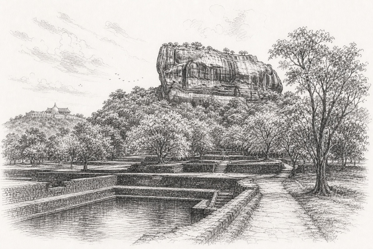 Hand-drawn pencil travel sketch for Sigiriya & Dambulla, Sri Lanka