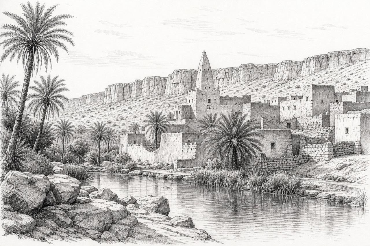Hand-drawn pencil travel sketch for Terjit Oasis, Mauritania