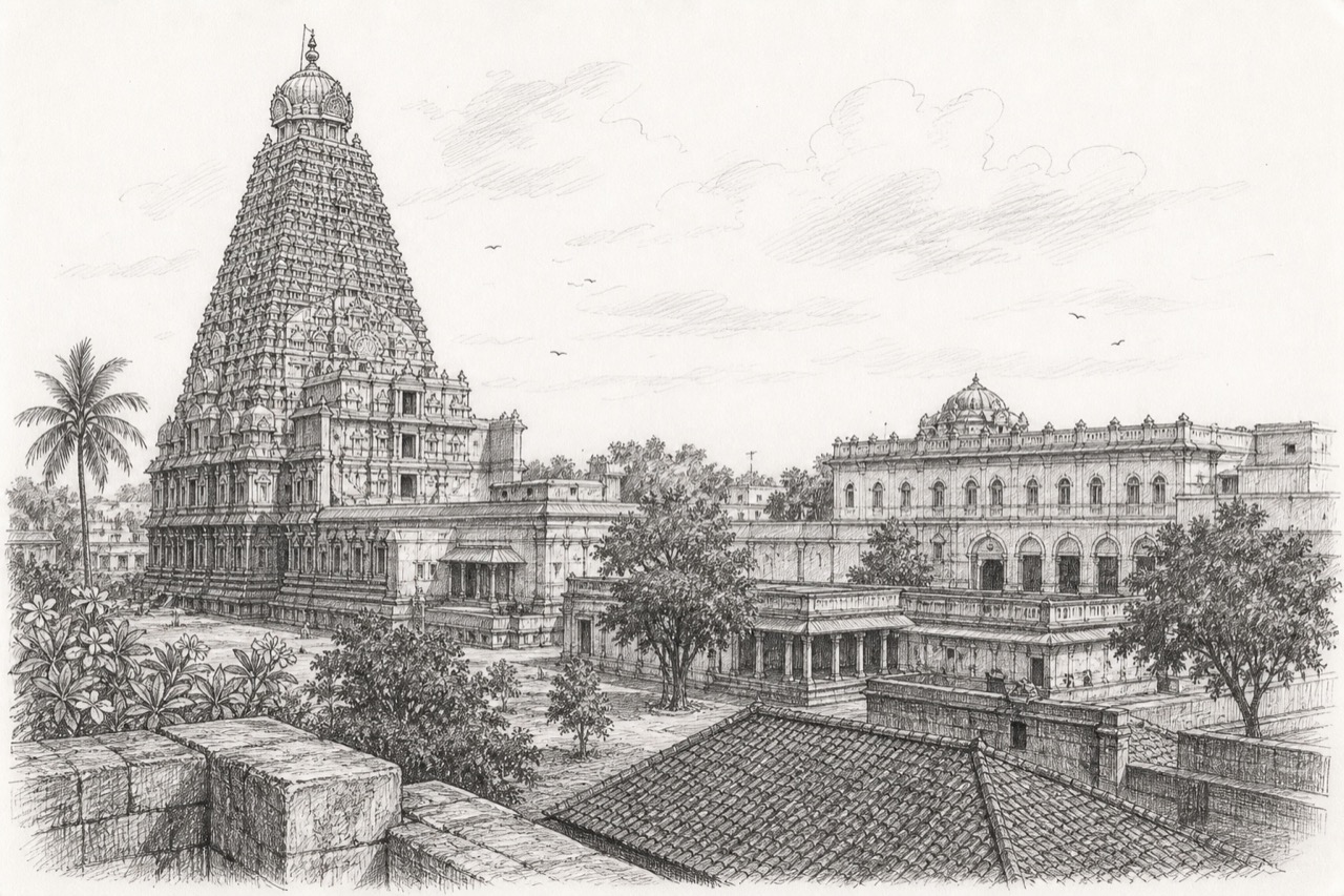 Hand-drawn pencil travel sketch for Thanjavur