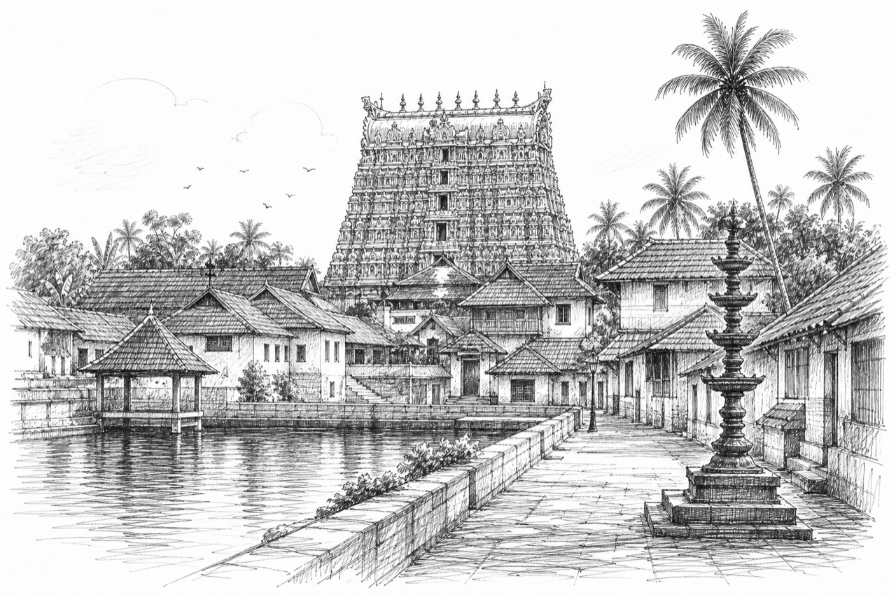 Hand-drawn travel sketch of Thiruvananthapuram