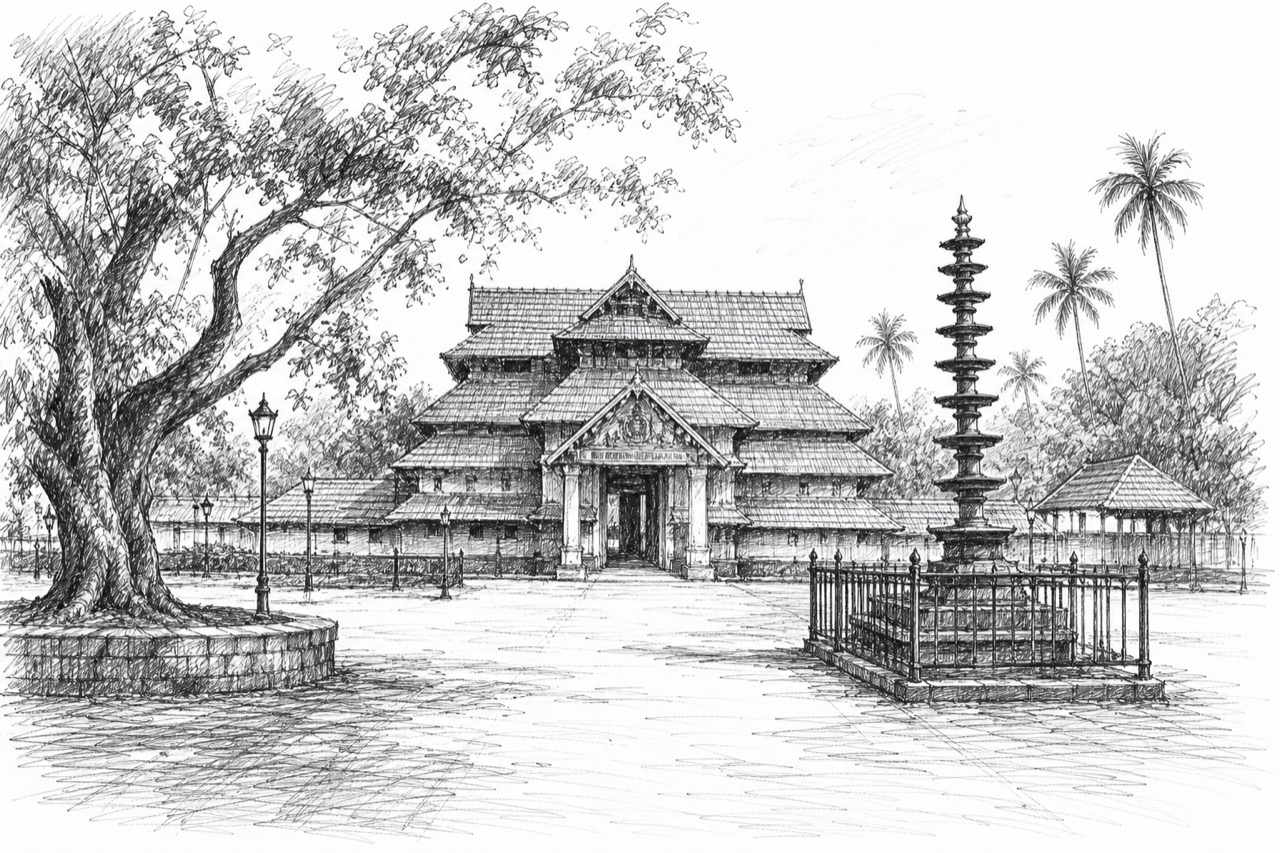 Hand-drawn travel sketch of Thrissur