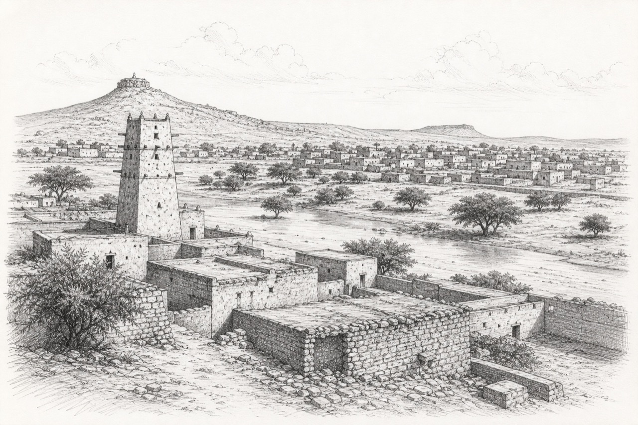 Hand-drawn pencil travel sketch for Tichitt, Mauritania