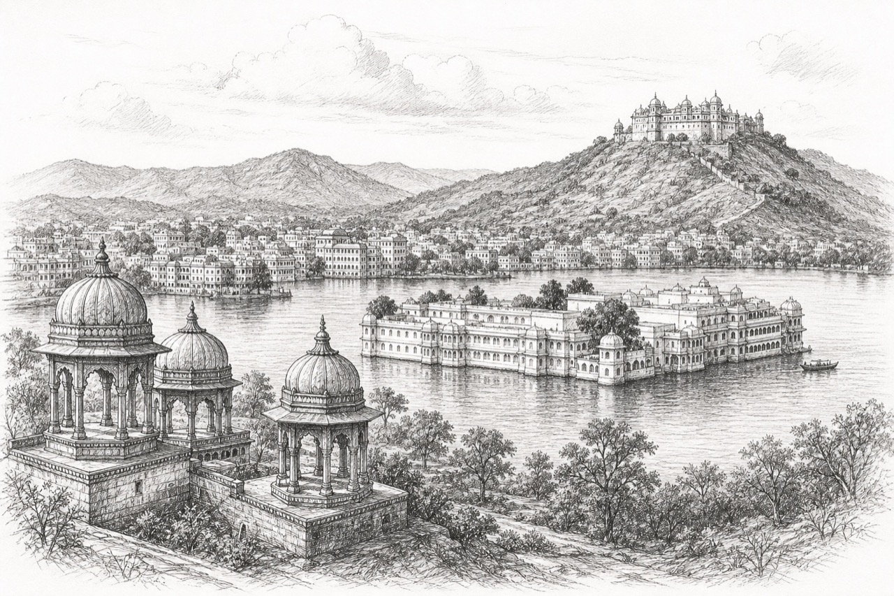 Hand-drawn pencil travel sketch for Udaipur