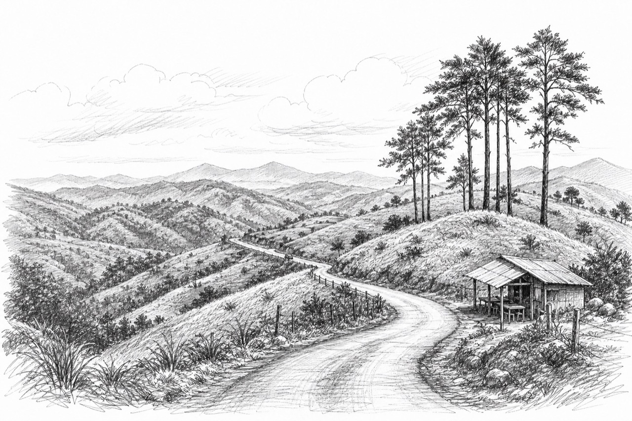 Hand-drawn travel sketch of Vagamon