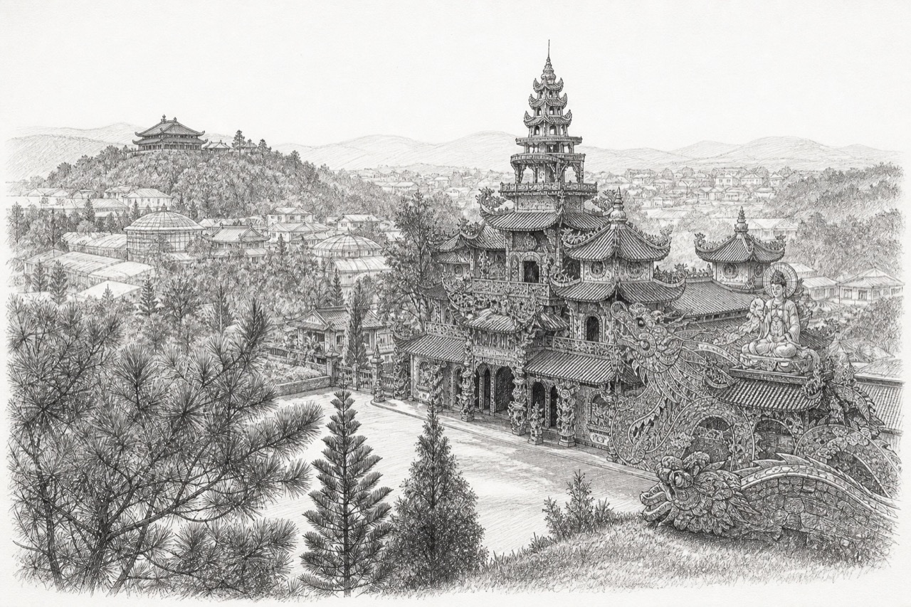 Hand-drawn pencil travel sketch for Ðà Lạt, Vietnam