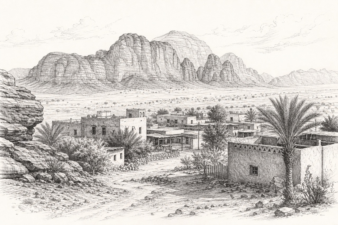 Hand-drawn pencil travel sketch for Ad Dīsah, Jordan