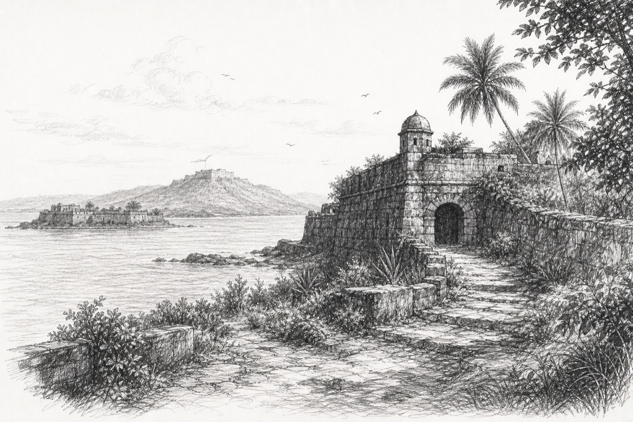 Hand-drawn pencil travel sketch for Alībāg