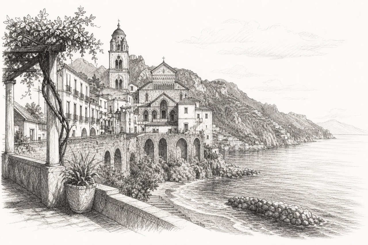 Hand-drawn pencil travel sketch for Amalfi, Italy