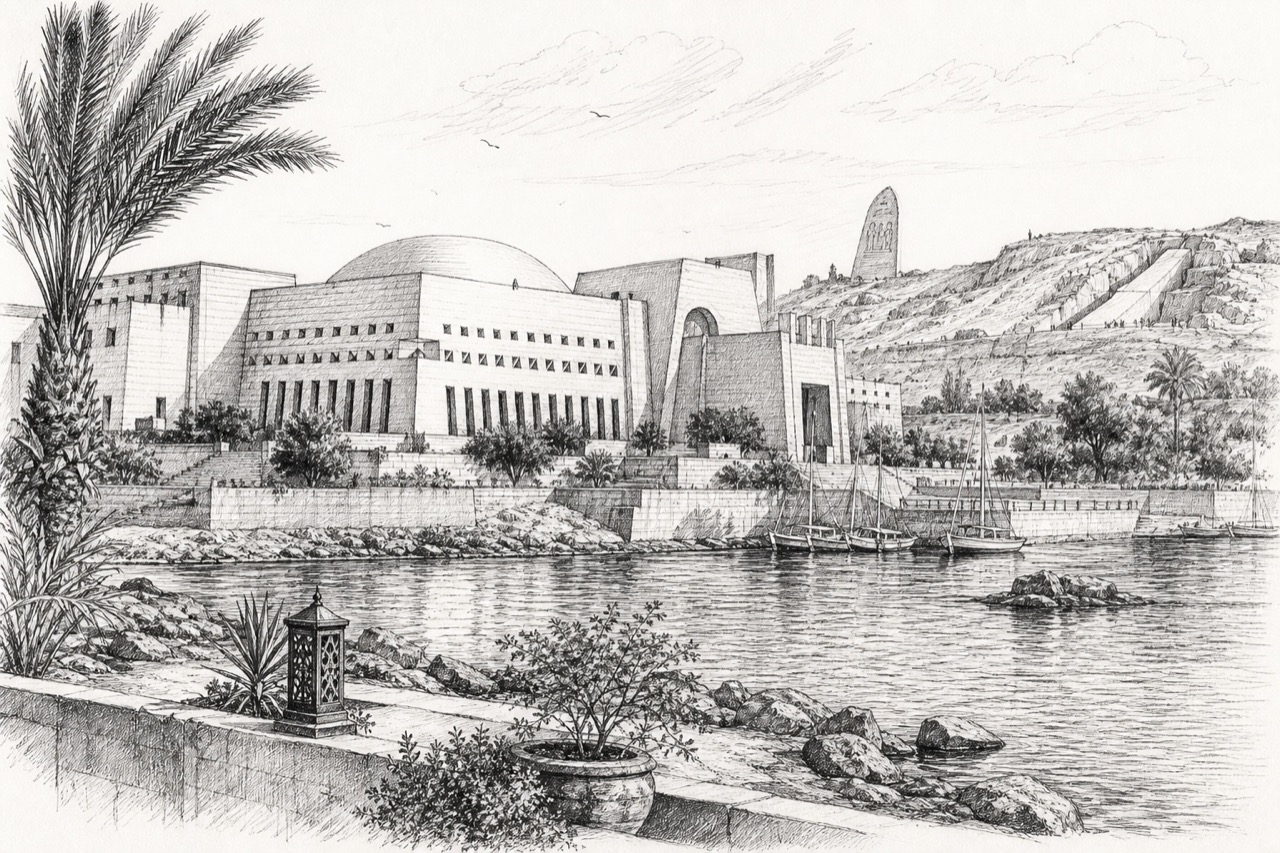 Hand-drawn pencil travel sketch for Aswān, Egypt