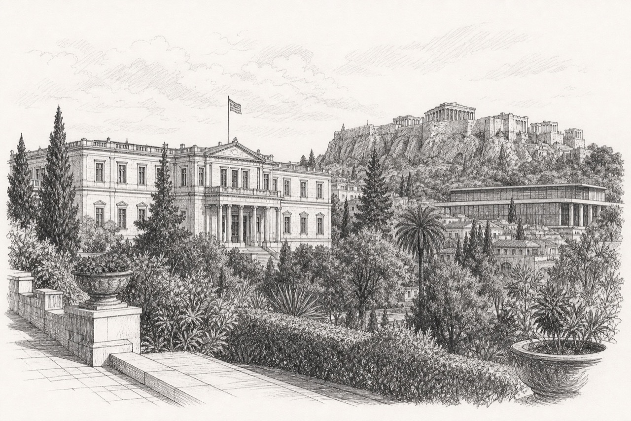 Hand-drawn pencil travel sketch for Athens, Greece