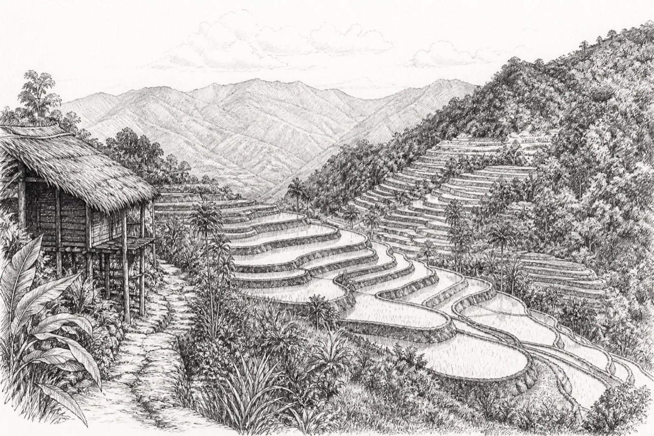 Hand-drawn pencil travel sketch for Banaue, Philippines